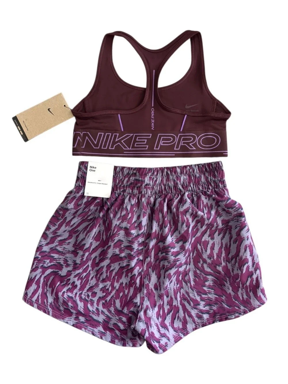 Nike Girl's Purple Sports Bra and Purple Patterned Running Shorts Set
